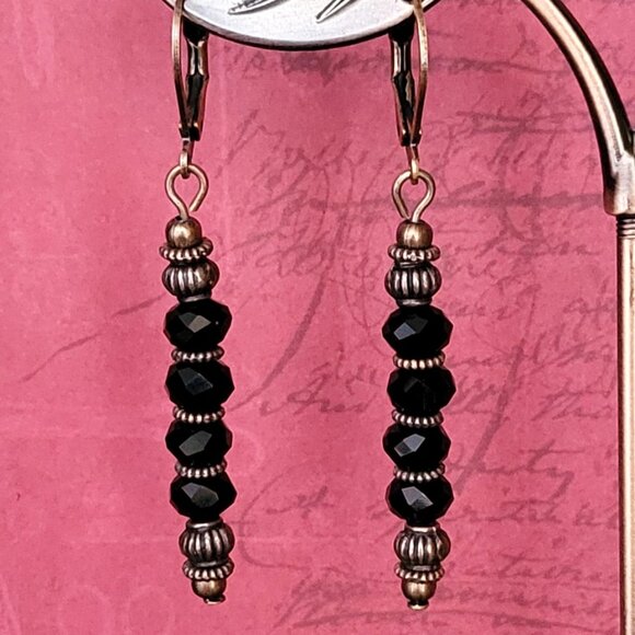 Black CRYSTAL Rondelle EARRINGS Copper Brass Lever Back Earwires Art Deco - Picture 5 of 9